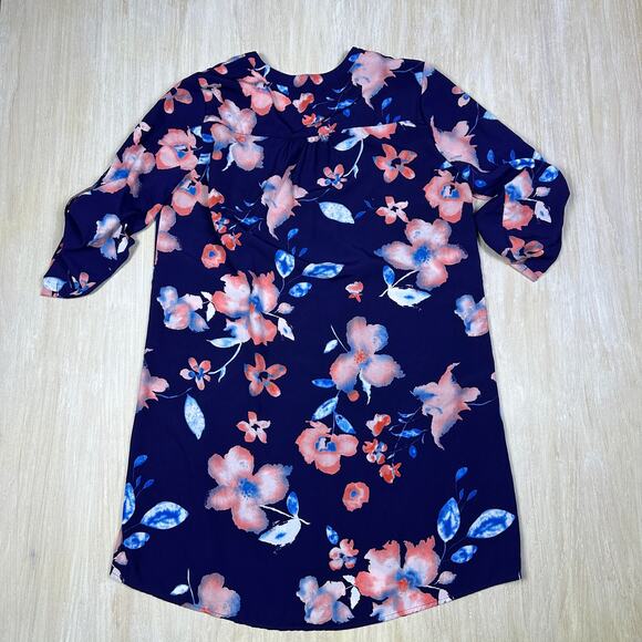 41 Hawthorn Blue Pink Floral Button Front Roll Tab Sleeve Casual Shirtdress LG - Picture 8 of 16